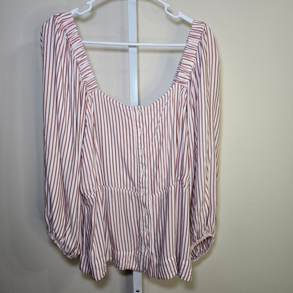 Cabi Red White Stripe Square Neck Smocked Peplum Blouse Top XL